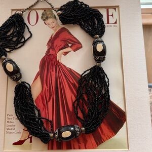 Black Seed Bead Statement Necklace with Inlay Accents